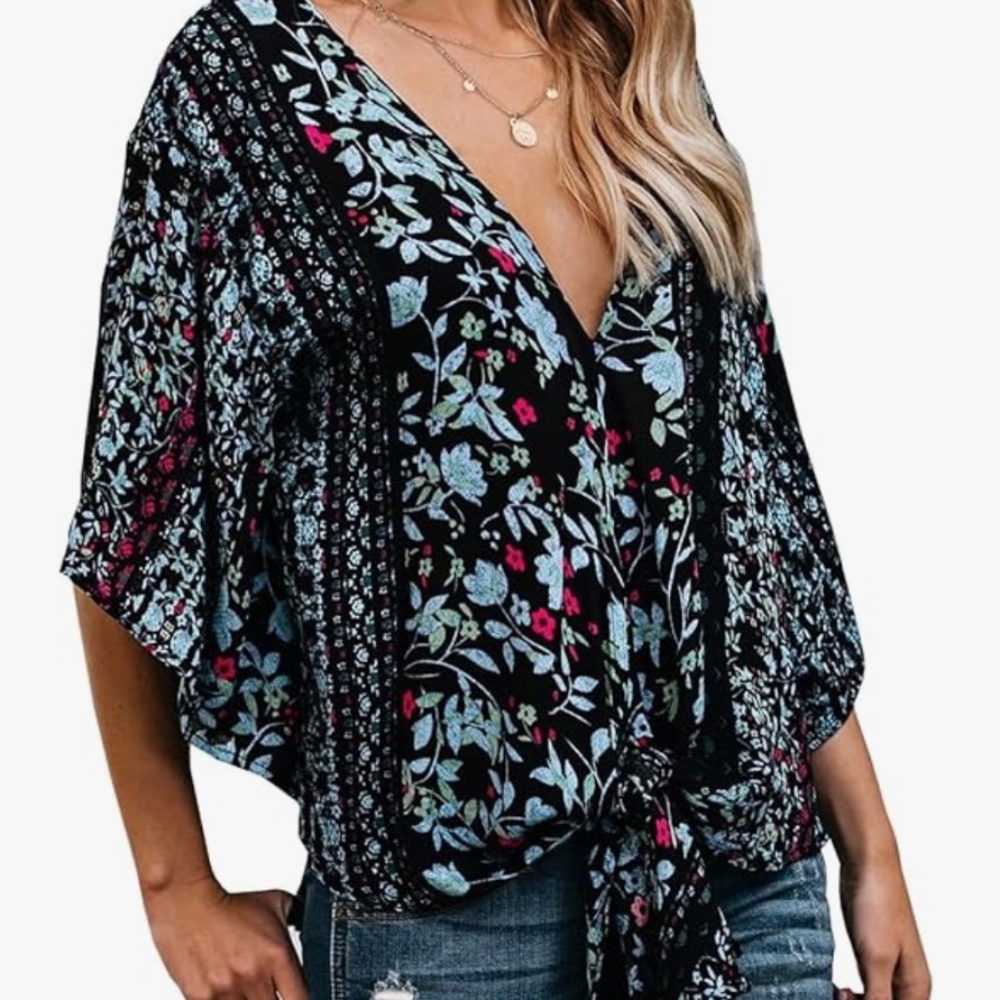 New Women's Chiffon V Neck Blouse Tie Knot Waist Bat Wing Top Black Floral Small